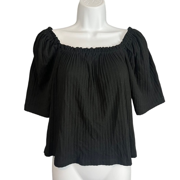 Madewell Top Medium Black Pointelle Peasant Top Short Sleeve Blouse EUC - Picture 1 of 6
